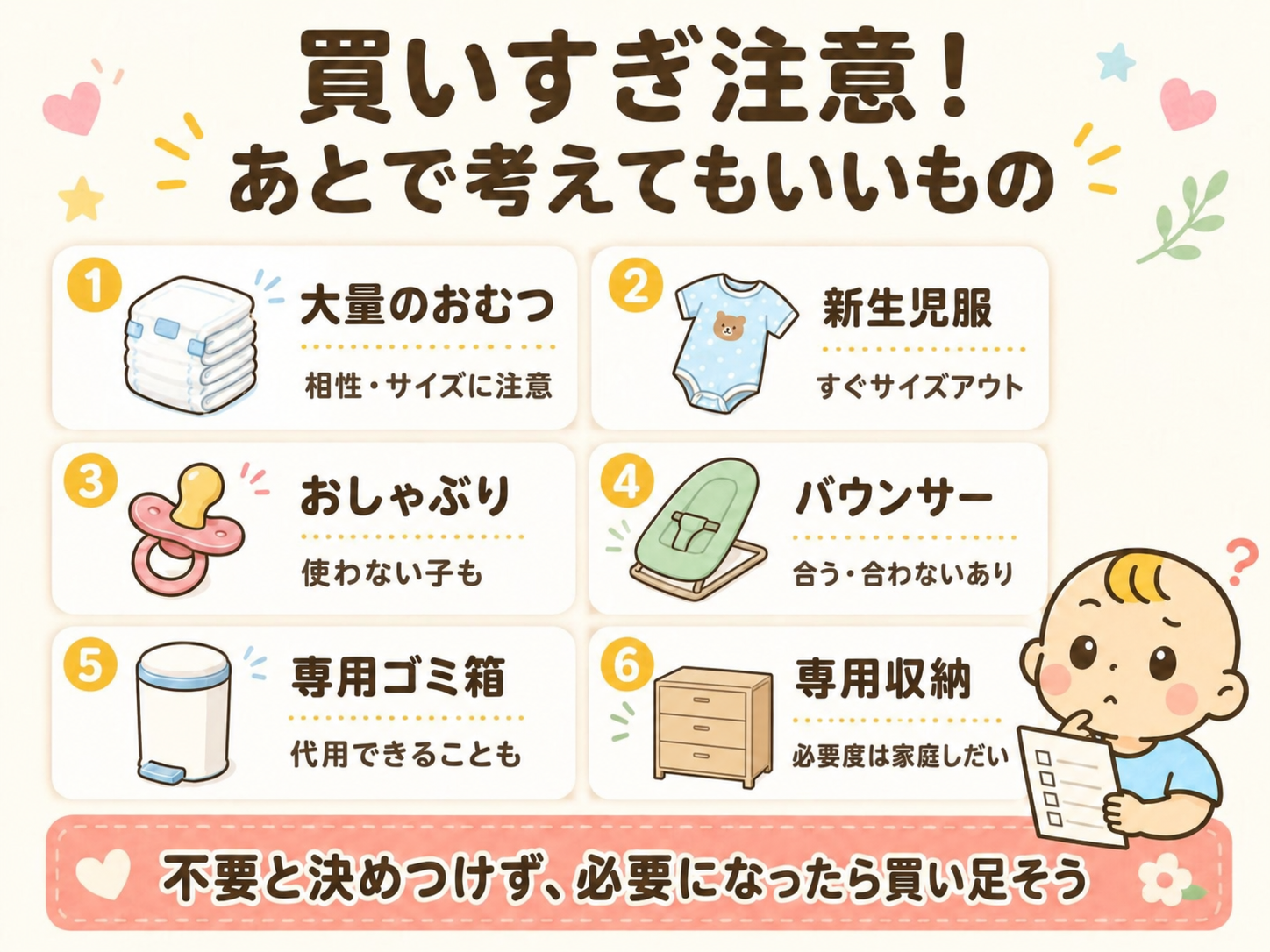 買いすぎに注意するものの例。大量のおむつ、買い足し分の新生児服、おしゃぶり、バウンサー、専用ゴミ箱、専用収納。不要と決めつけず、家庭と赤ちゃんに必要な分を判断する。安全な寝床は退院前に確保する。