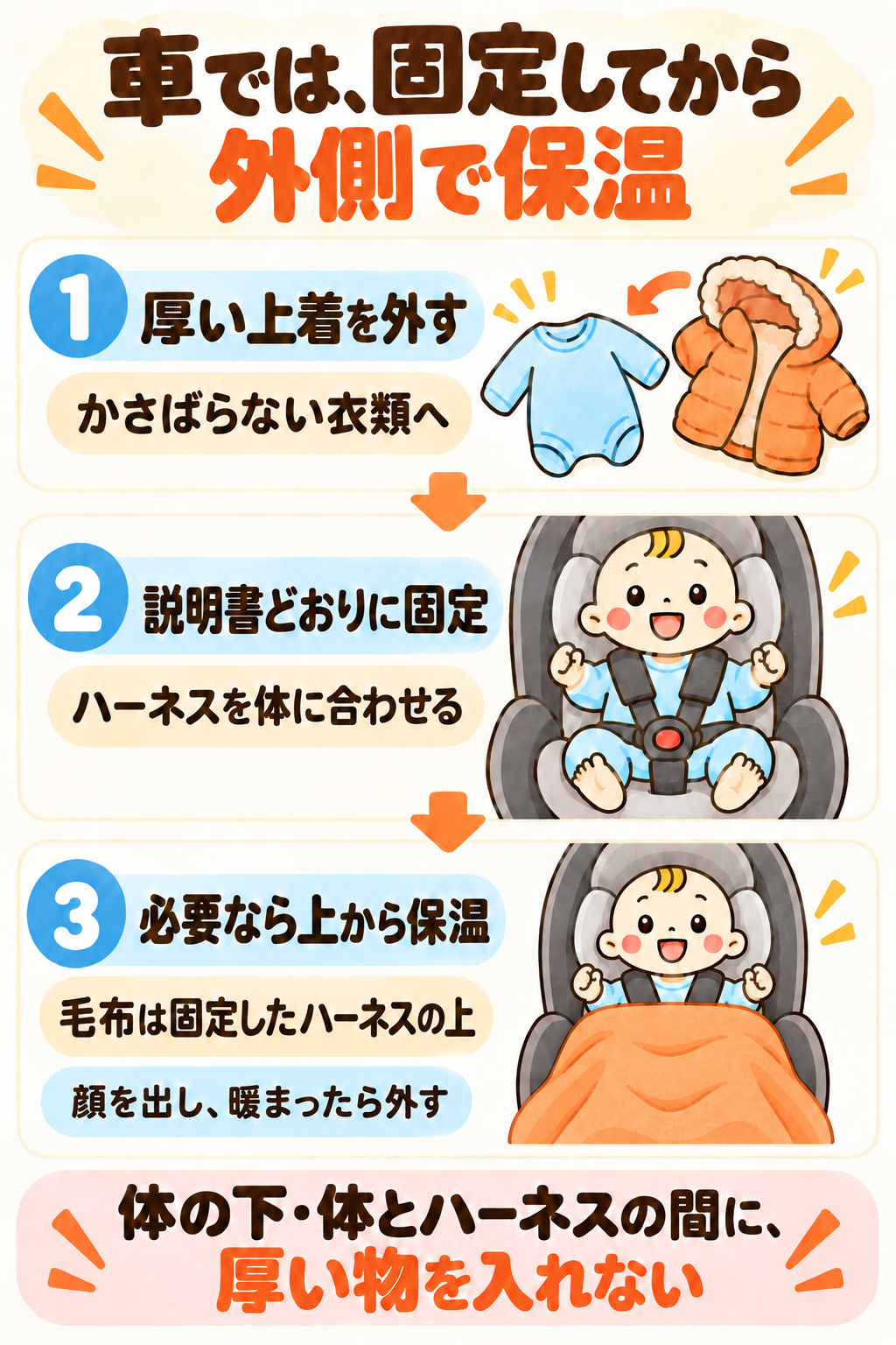車内で厚い上着を外し、かさばらない衣類でハーネスを固定し、必要な場合だけその上から顔を覆わず毛布を掛ける3段階の図
