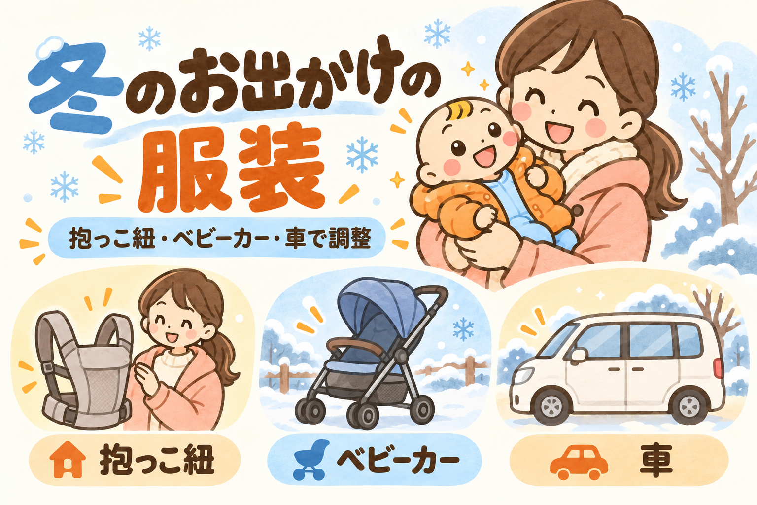 赤ちゃんの冬のお出かけ服装｜抱っこ紐・ベビーカー・車での防寒と着脱。ベビすけと親子が案内する説明用イラスト。