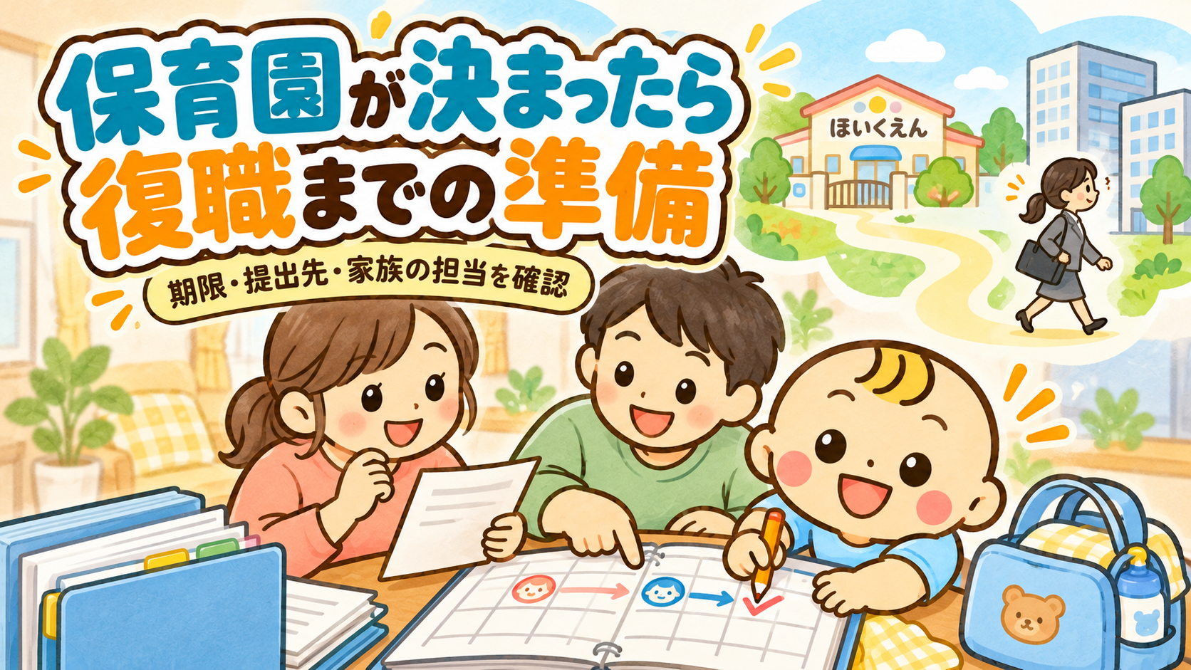 保育園が決まった後、書類・日程・送迎を整えて復職に備える家族とベビすけ。