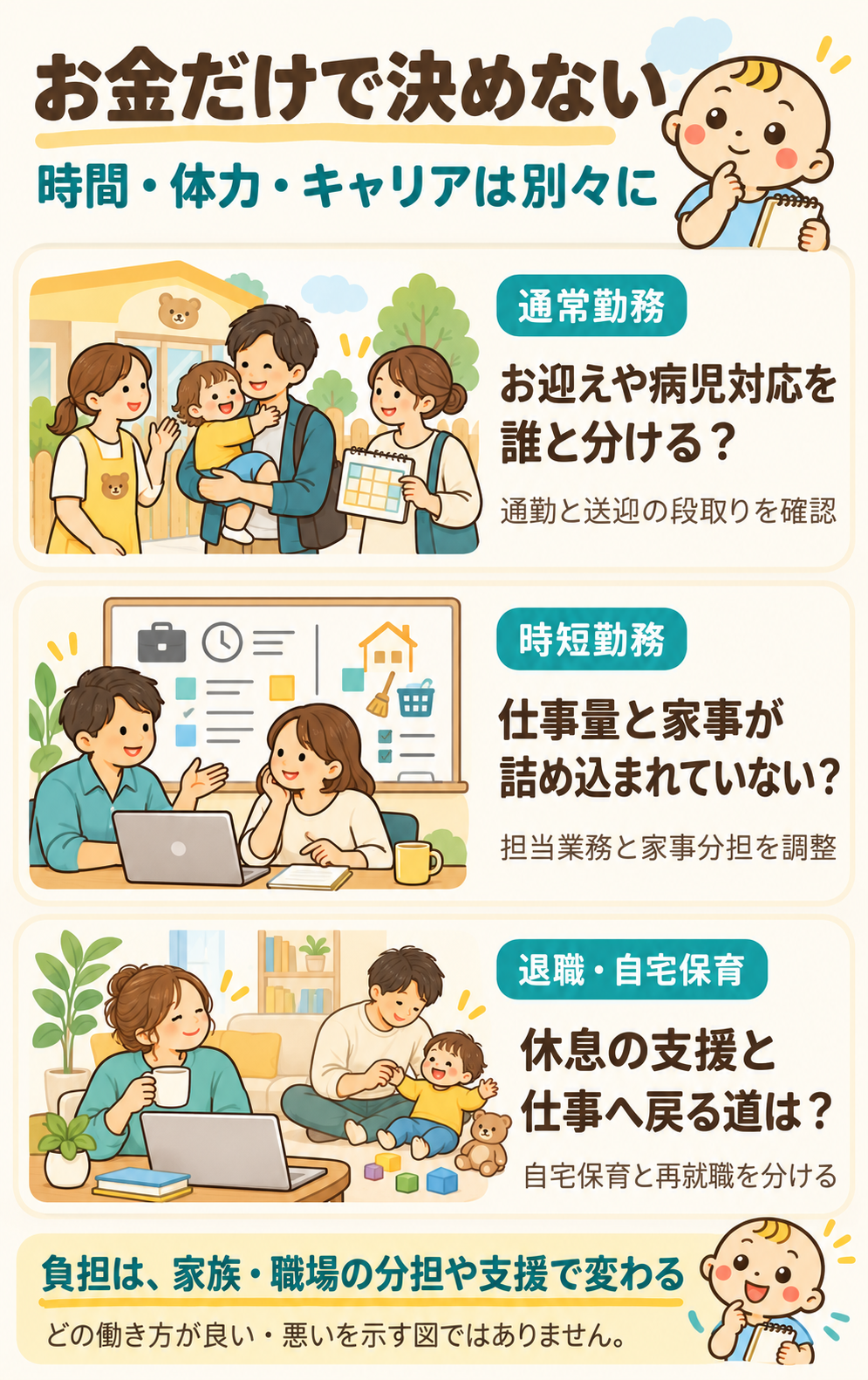 通常勤務はお迎え・病児対応を誰と分けるか、時短勤務は仕事量と家事を詰め込んでいないか、退職・自宅保育は休息の支援と仕事へ戻る道を確認する。家族の送迎、仕事と家事の相談、育児分担の場面を示し、働き方の良し悪しを順位づけしない。