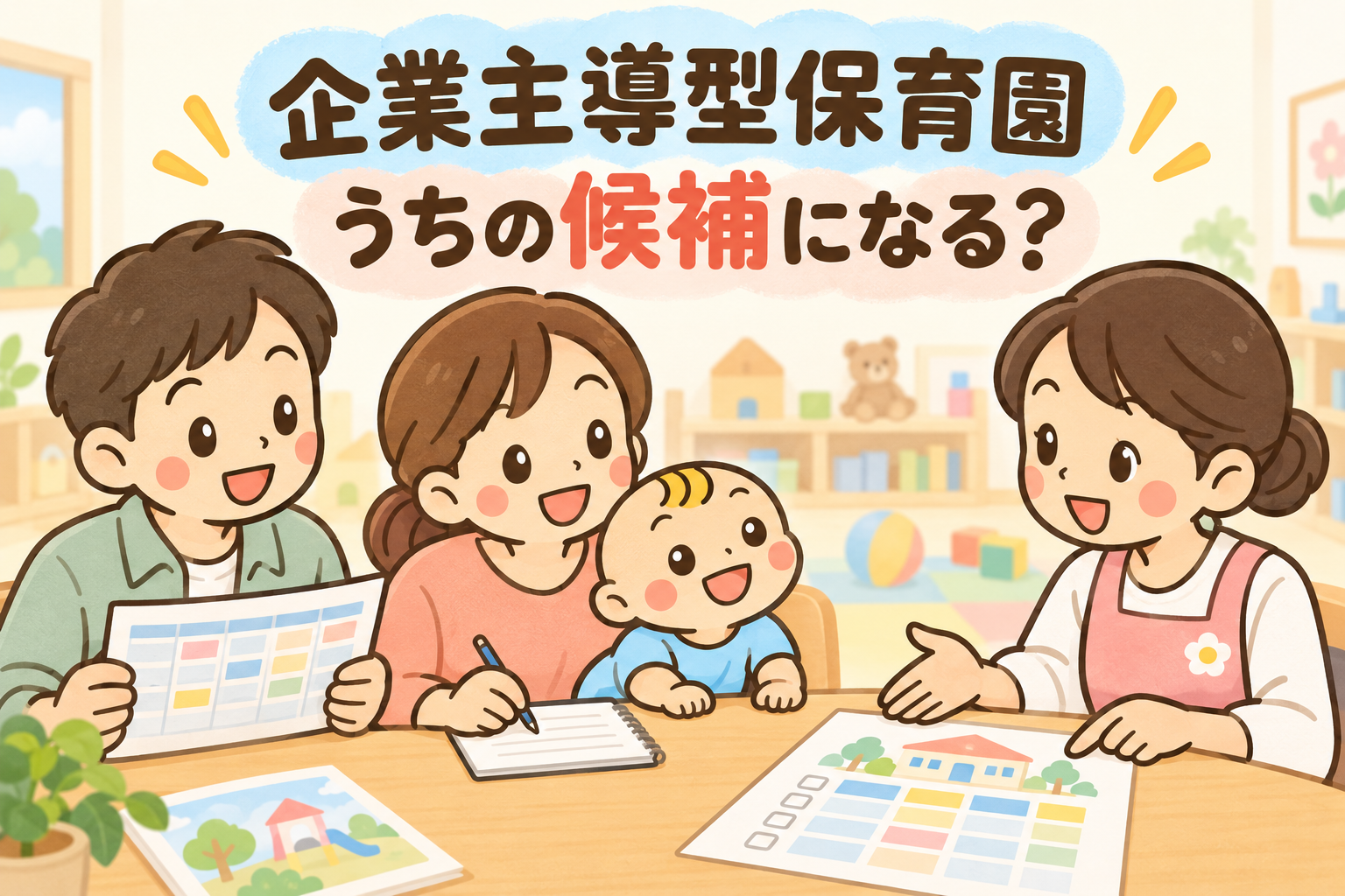 企業主導型保育園の見学で、保護者が子どもと一緒に保育者へ書類や利用時間を確認している。