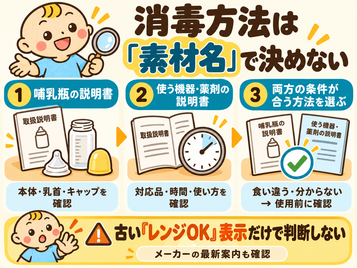 哺乳瓶本体と部品の説明書、使う機器や薬剤の説明書を照合し、両方の条件が合う方法を選ぶ。食い違いや不明点があれば使用前に確認し、古いレンジ対応表示だけで判断しない。