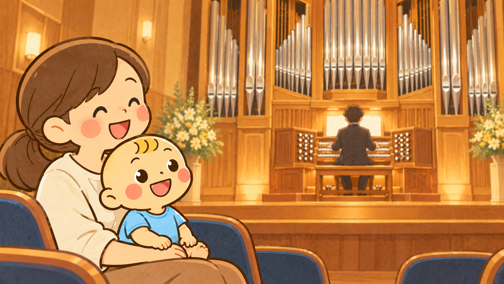 保護者の膝でパイプオルガンの音楽を楽しむベビすけ。オリジナルイラスト。