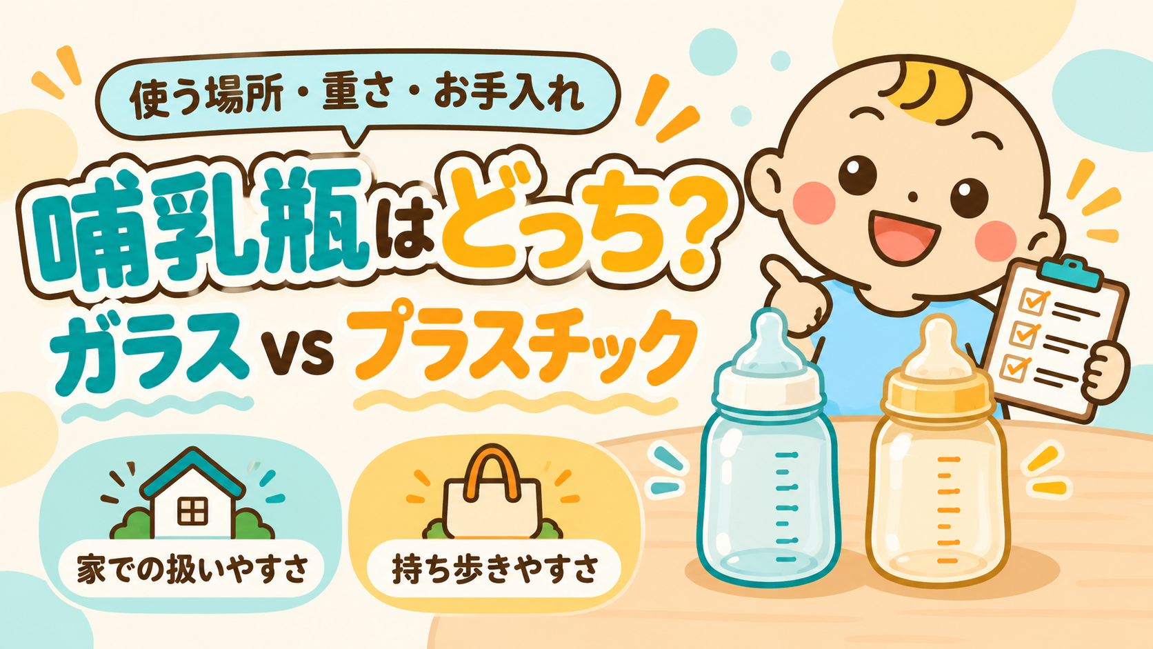 哺乳瓶はガラスとプラスチックどっち？重さ・お手入れ・消毒方法を比べ、家庭の使い方に合う選び方を案内するベビすけ。