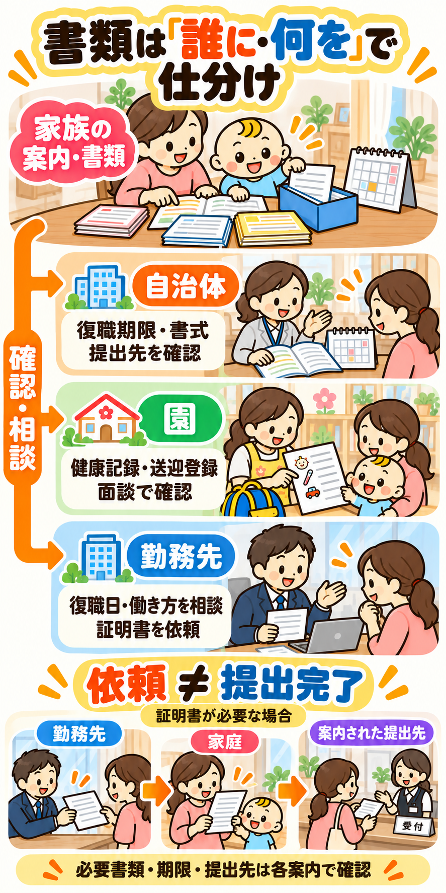 自治体には復職期限・書式・提出先、園には健康記録や送迎登録、勤務先には復職日・働き方と証明書作成を確認する。勤務先へ作成を依頼することと、案内された提出先へ書類を出すことを分けて整理する関係図。