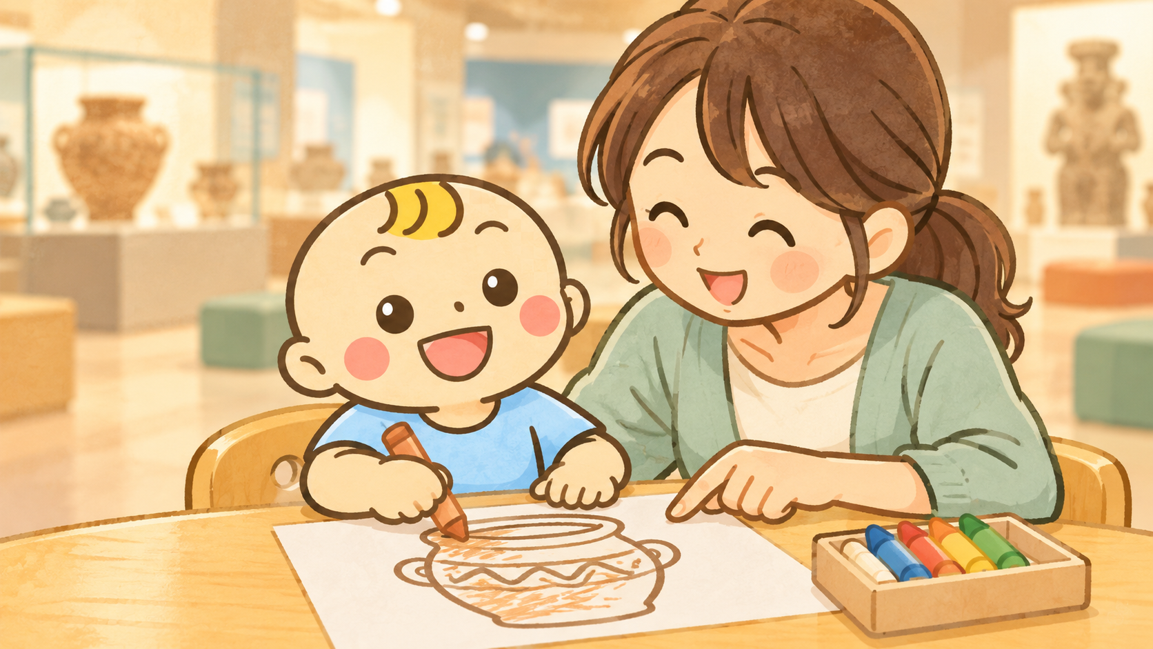 保護者と並んで博物館のぬりえを楽しむベビすけのオリジナルイラスト。