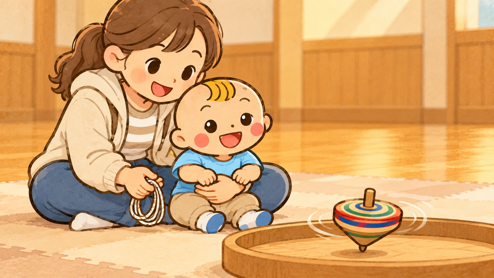 保護者と室内でこま遊びを楽しむベビすけ。オリジナルイラスト。