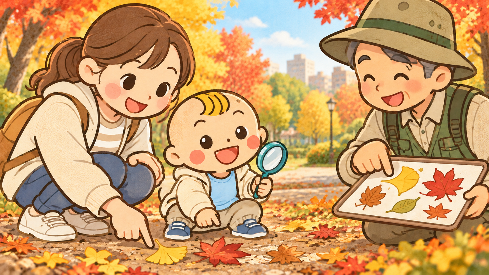 秋の都市公園で保護者と落ち葉を観察するベビすけのオリジナルイラスト。