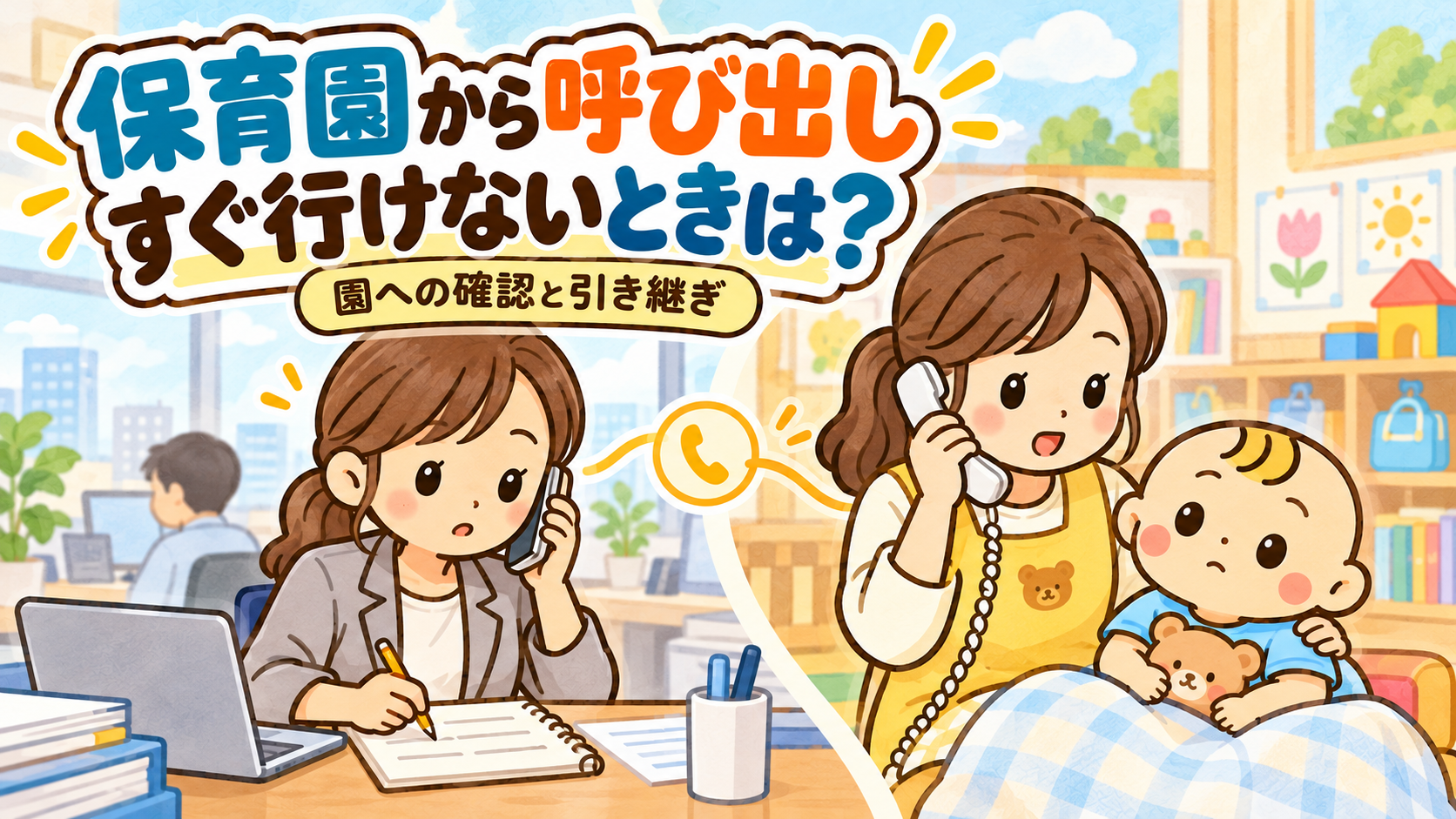 職場で園からの電話を受けて内容をメモする保護者と、園で子どものそばから様子を伝える先生