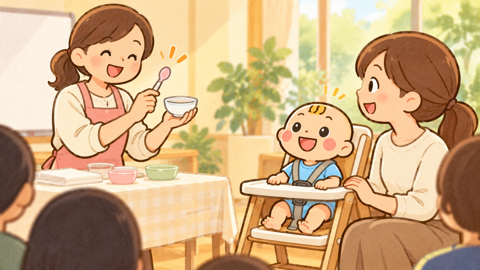 離乳食の実演を見て親子で食事を学ぶ場面。オリジナルイラスト。
