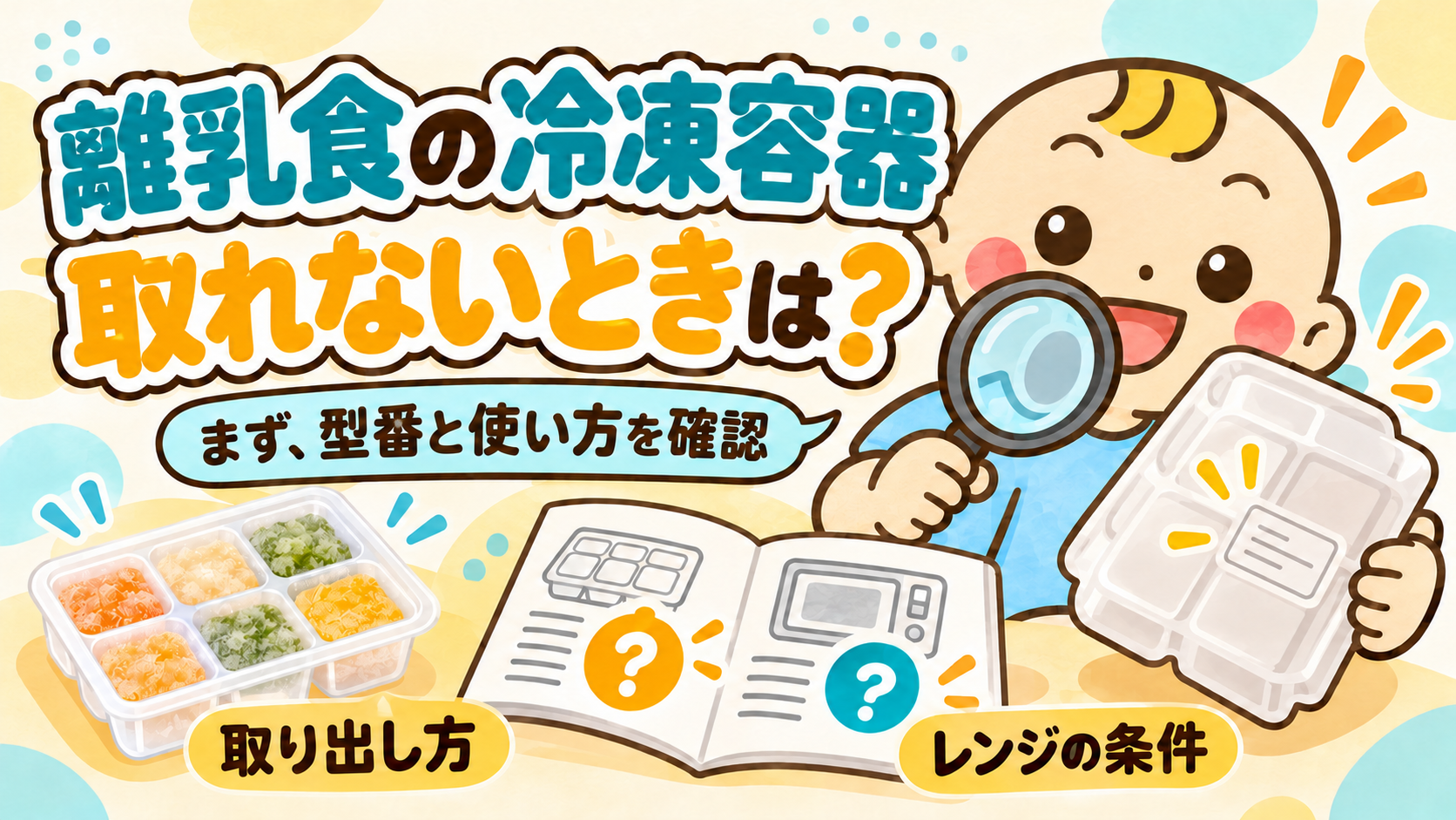 容器の底の表示と取扱説明書で、離乳食の取り出し方と電子レンジの使用条件を確かめるベビすけ