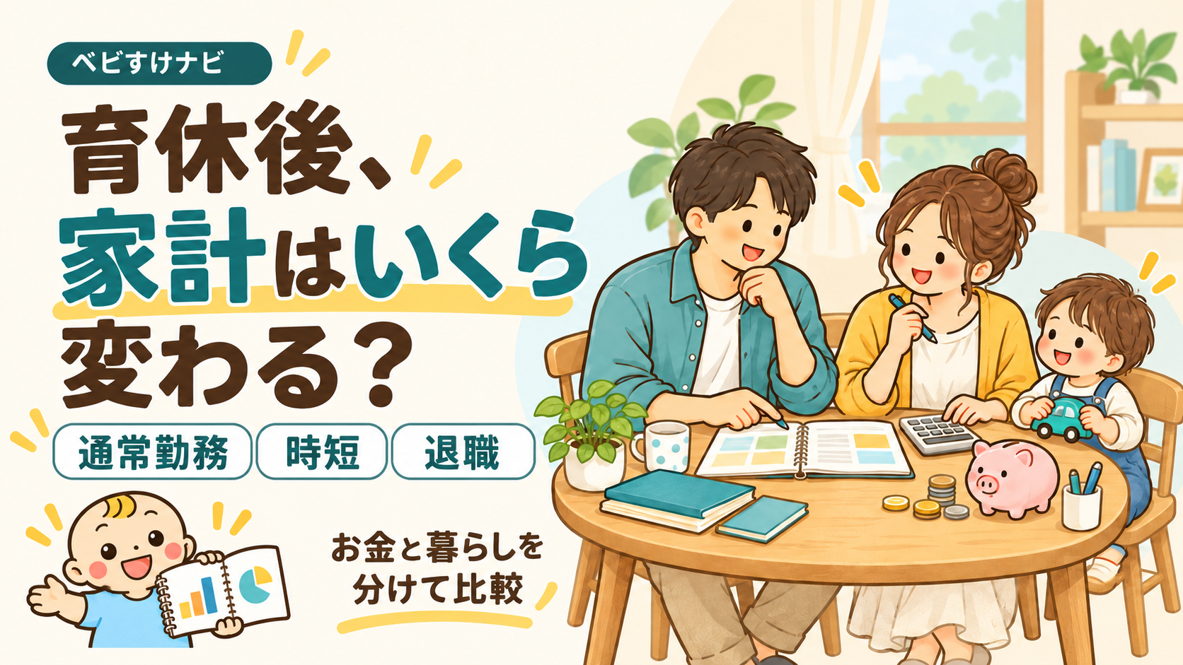育休後、通常勤務・時短・退職で家計がいくら変わるかを比べる記事のアイキャッチ。家族が家計ノートを一緒に確認し、ベビすけが比較を案内する。