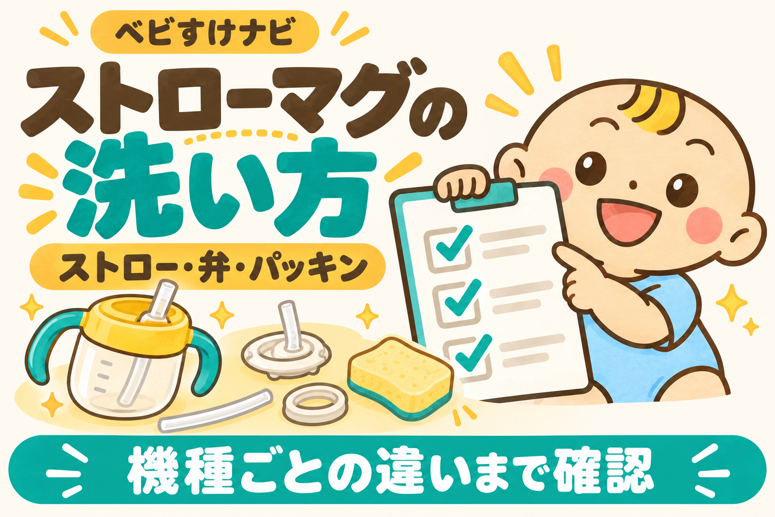 ストローマグの洗い方。ベビすけがチェックリストを持ち、ストロー・弁・パッキンと機種ごとの違いを案内する。