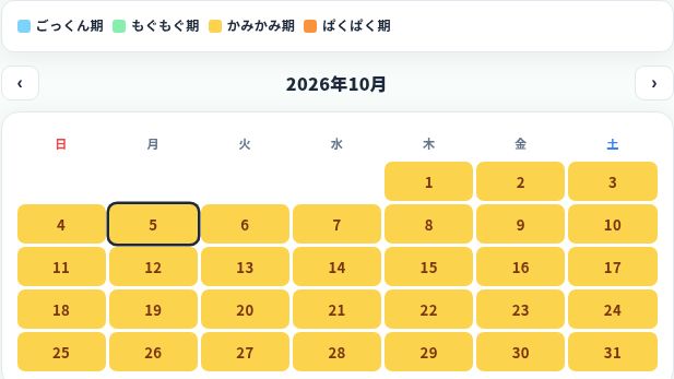 離乳食カレンダーの実画面（架空の生年月日を使用した表示サンプル）