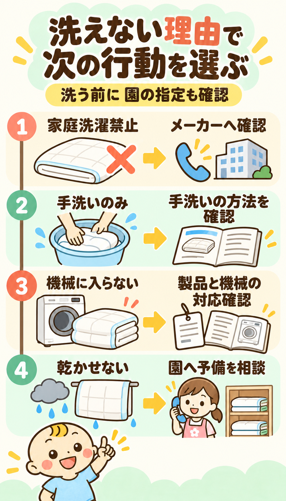 洗濯できない理由を、家庭洗濯禁止、手洗いのみ、洗濯機に入らない、乾かせないの4つに分けた判断図。製品と機械の説明書を確認し、必要に応じてメーカーや園へ相談する。