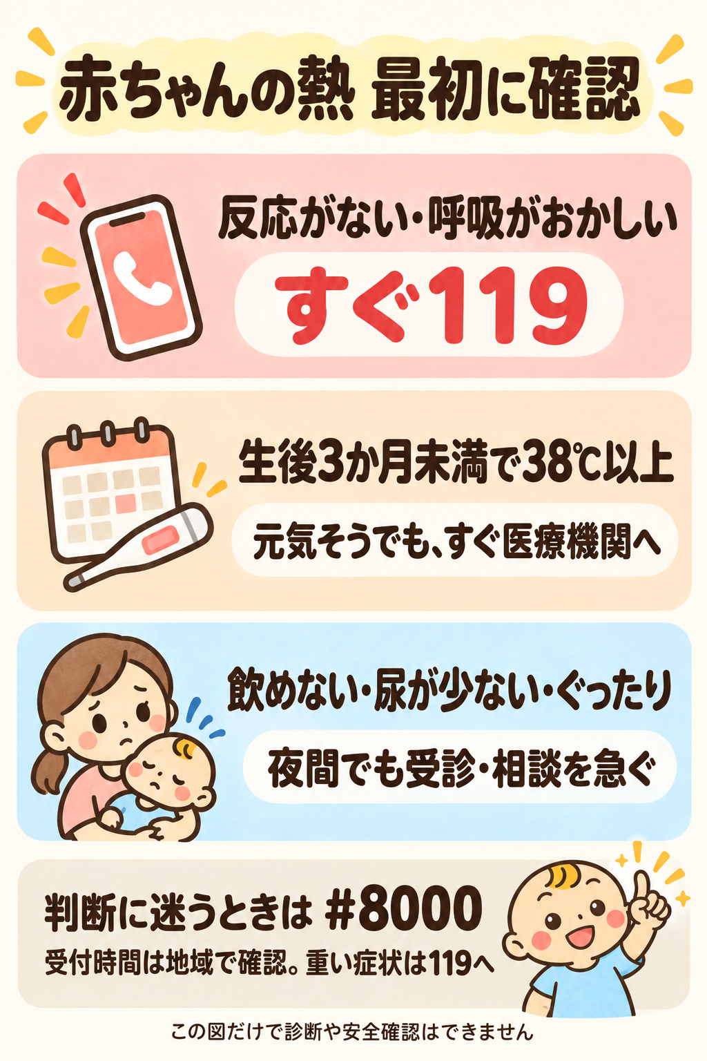反応や呼吸の異常は119、生後3か月未満の38℃以上はすぐ医療機関へ、飲めない・尿が少ない・ぐったりも受診相談を急ぐという確認図