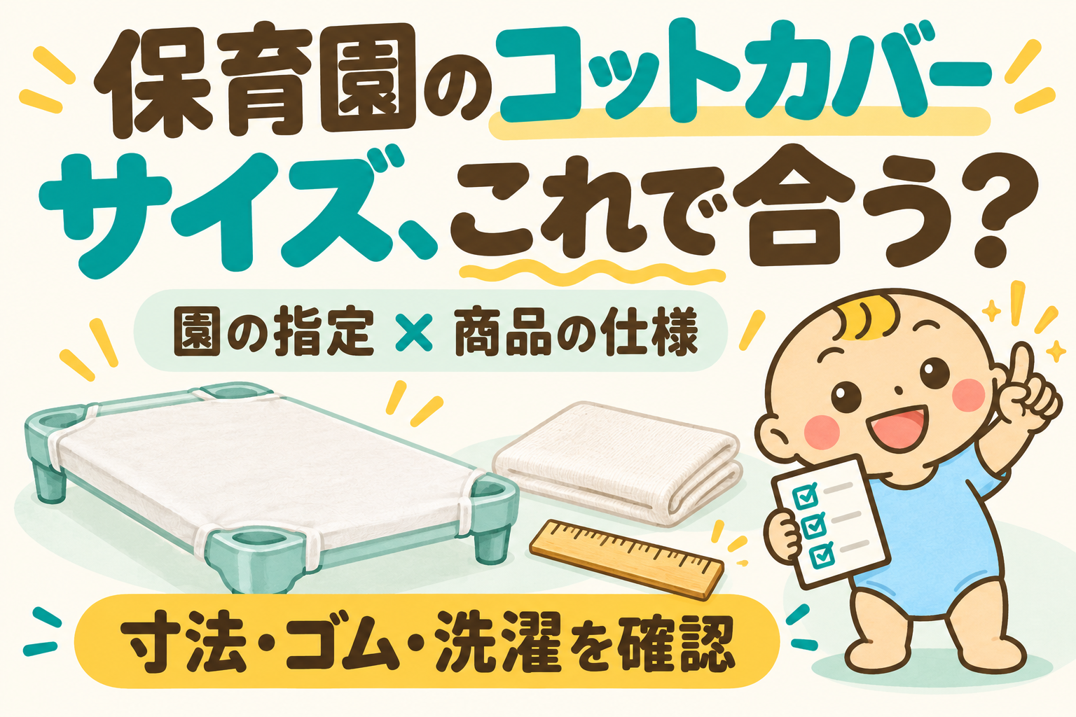 保育園コットカバーのサイズ選び。園の指定と商品の寸法・ゴム・洗濯条件を照合するガイドの説明用イラスト。