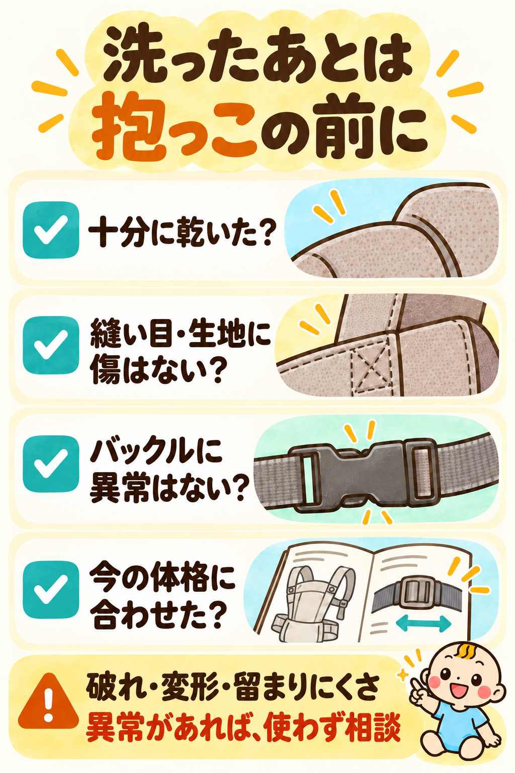 抱っこ紐を洗った後は、十分な乾燥、縫い目・生地の傷、バックルの異常、現在の体格に合う装着設定の4点を確認。破れ・変形・留まりにくさがあれば使わずメーカーに相談する。