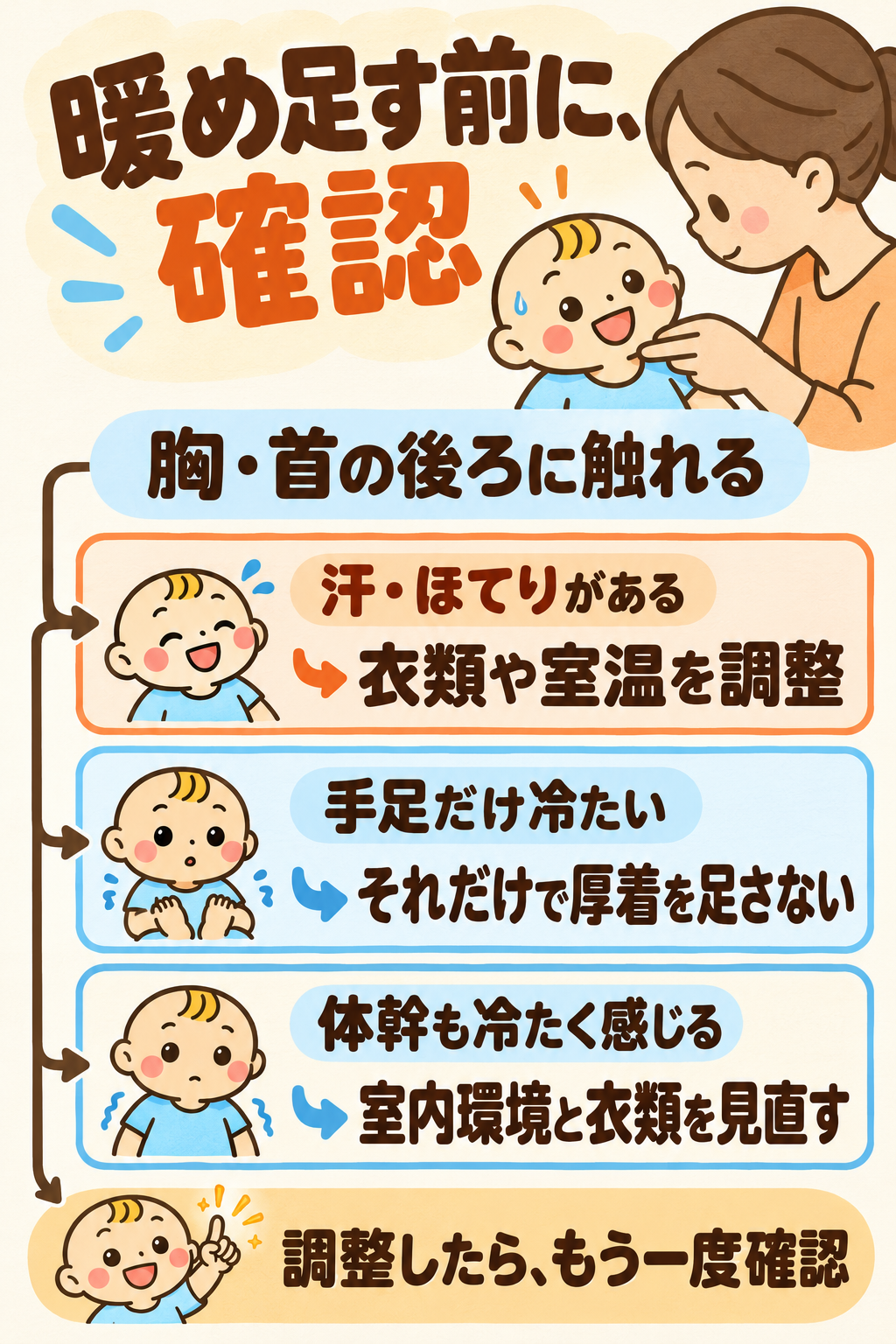 暖め足す前に胸と首の後ろを確認。汗やほてりは衣類や室温を調整し、手足だけの冷たさで厚着を足さず、体幹も冷たく感じるときは環境と衣類を見直す。調整後に再確認。