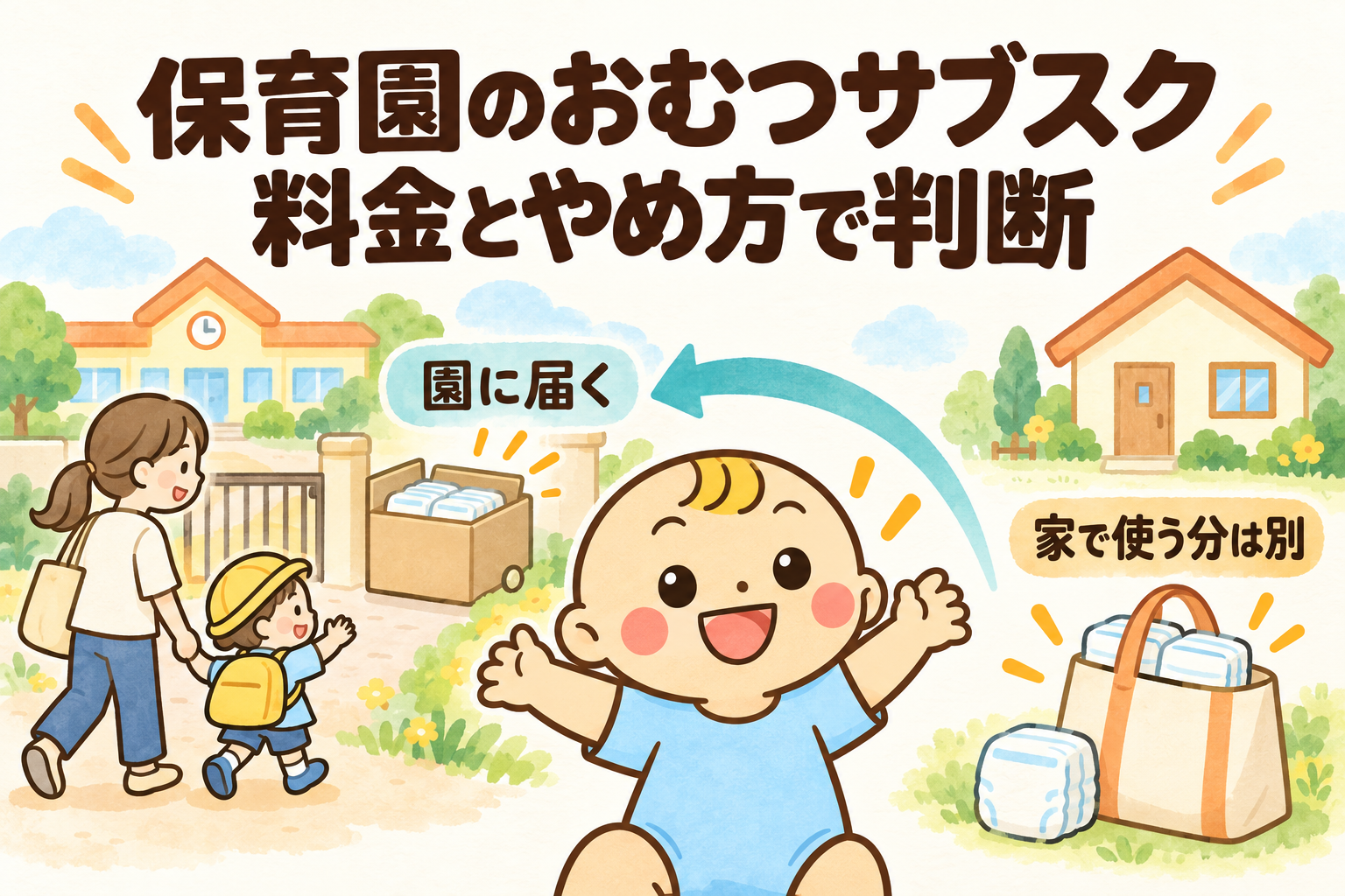 保育園へ届くおむつと、自宅で別に用意するおむつをベビすけが案内するイラスト