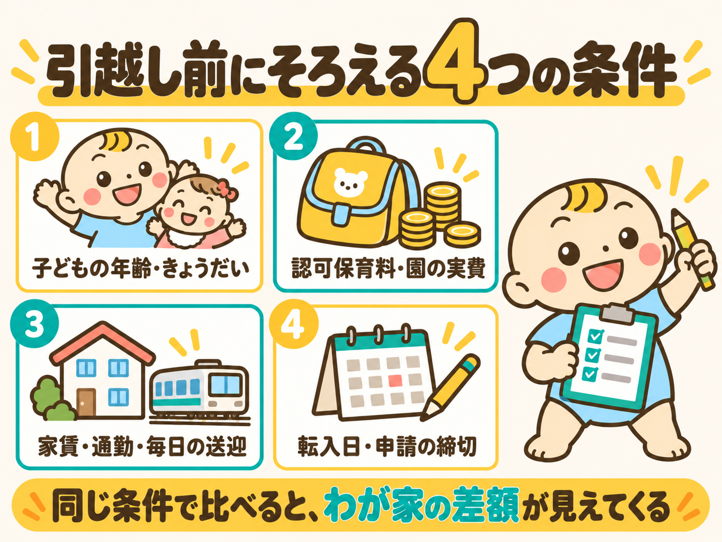 引越し前にそろえる4つの比較条件。子どもの年齢ときょうだい、認可保育料と園の実費、家賃と通勤と毎日の送迎、転入日と申請締切。