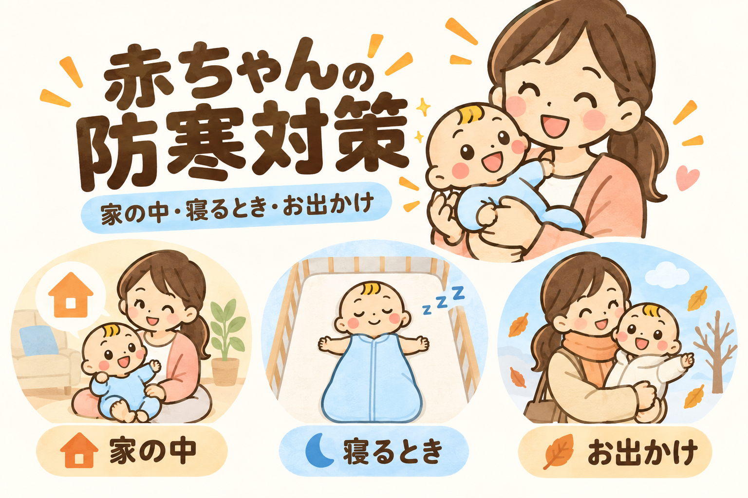 赤ちゃんの防寒対策。家の中、掛け物のない安全な寝床、外出の3場面を親子とベビすけが案内する説明用イラスト。