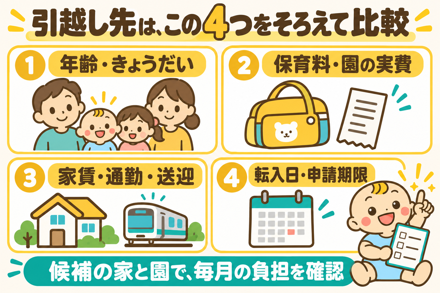 引越し前にそろえる4条件。年齢ときょうだい、保育料と園の実費、家賃と通勤と送迎、転入日と申請期限。候補の家と園で毎月の負担を比べる。
