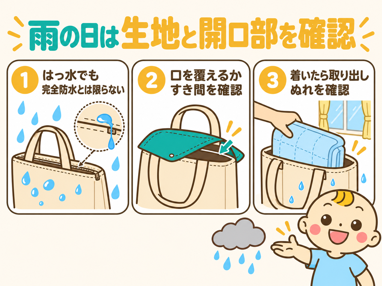 雨の日は、はっ水でも完全防水とは限らないこと、口を覆えてすき間がないか、到着後に寝具を取り出してぬれを確認することを示す図。