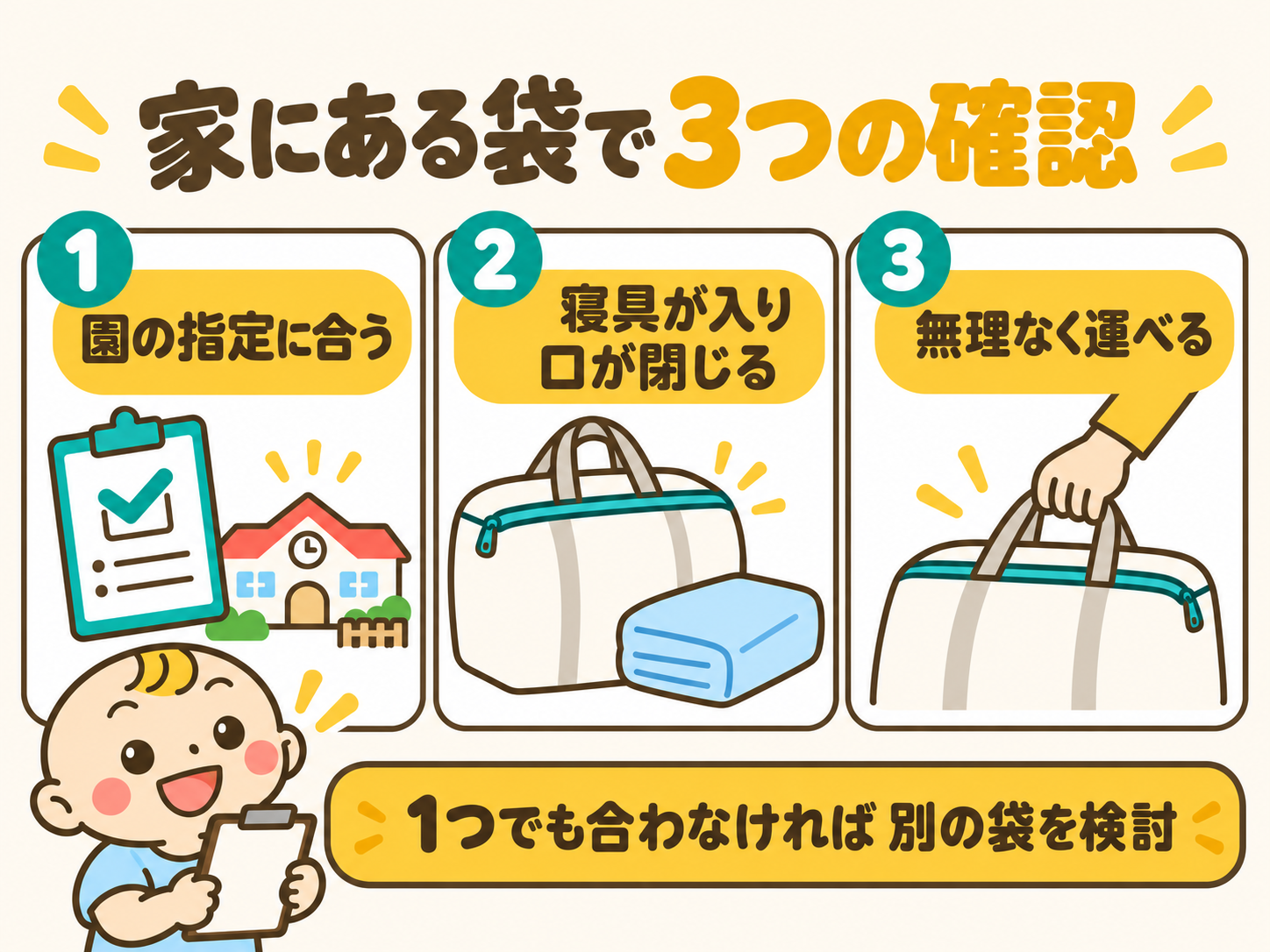 家にある袋で確認する3つの条件。園の指定に合うこと、寝具が入って口が閉じること、無理なく運べること。