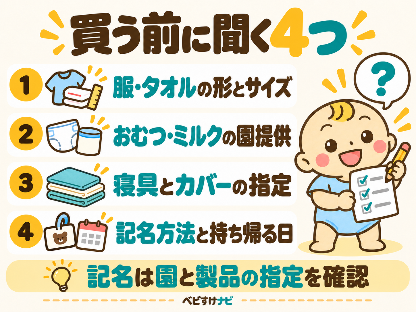 購入前に園へ聞く4つのこと。衣服とタオルの形・サイズ、おむつとミルクの園提供、寝具とカバーの指定、記名方法と持ち帰る日を確認する。