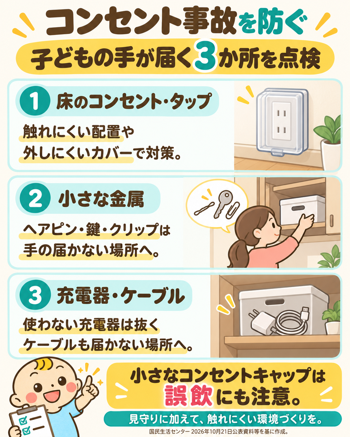 子どもの手が届く3か所を点検。床のコンセント・タップは触れにくい配置や外しにくいカバーで対策。ヘアピン・鍵・クリップは届かない場所へ。使わない充電器は抜きケーブルも片付ける。小さなキャップは誤飲にも注意。