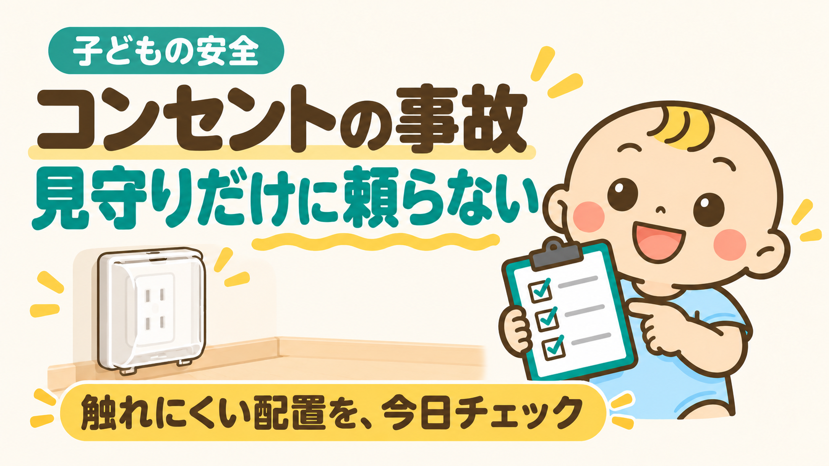 コンセントの事故は見守りだけに頼らず、触れにくい配置を今日確認する。ベビすけがチェック表を示す。