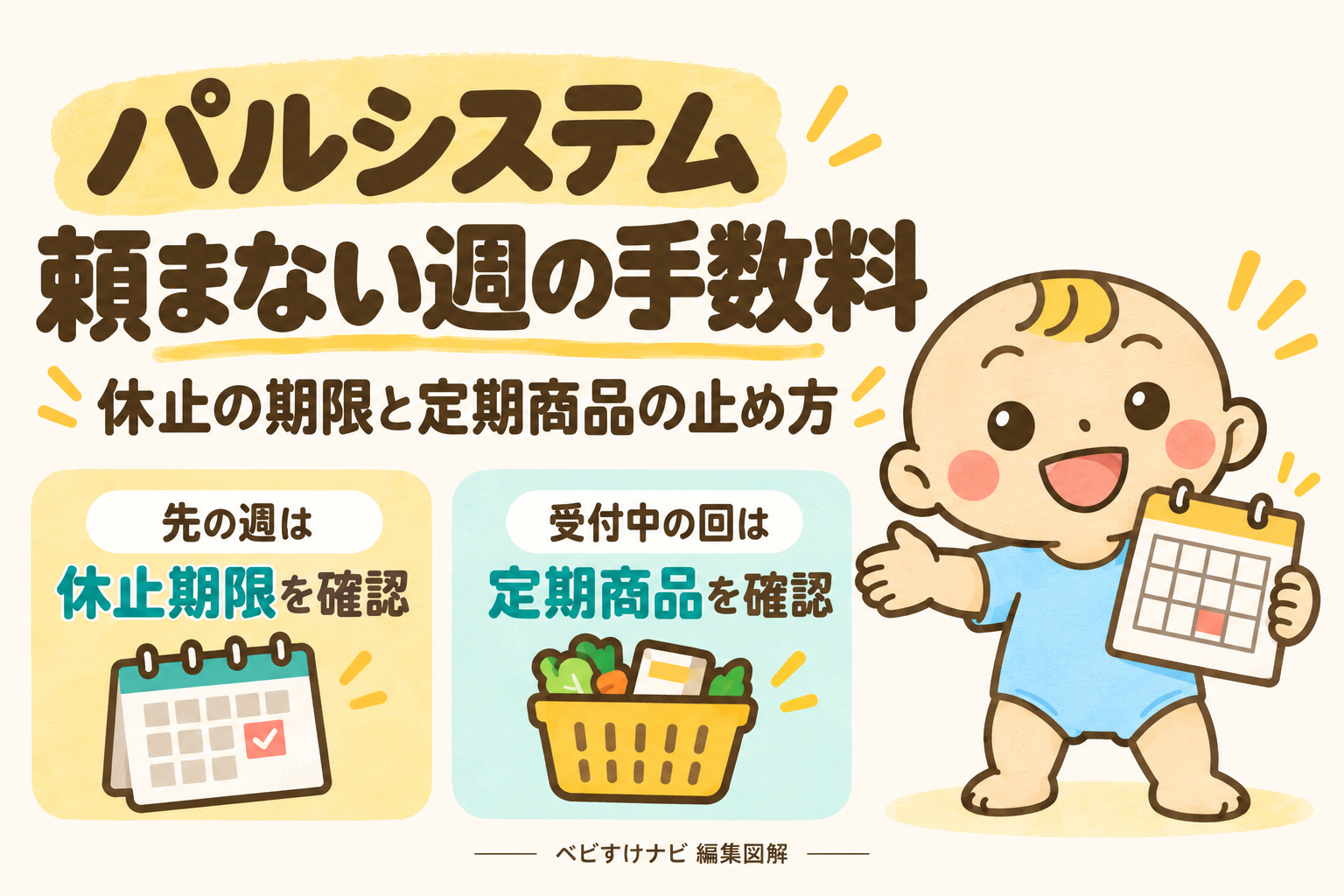パルシステムで頼まない週の手数料と休止期限、定期商品の確認を案内するベビすけ。
