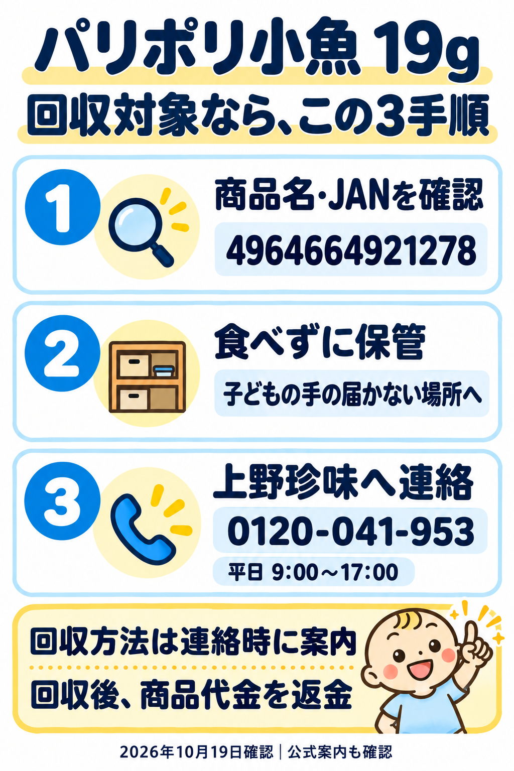 回収対応の3手順。商品名とJAN4964664921278を確認し、食べずに保管。上野珍味0120-041-953へ平日9時から17時に連絡。回収方法の案内を受け、回収後に商品代金返金。