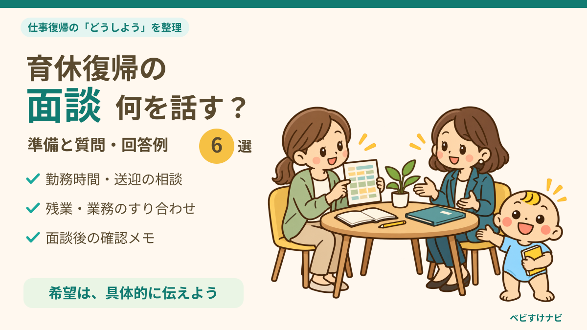 育休復帰の面談で、保護者と上司が勤務の予定を相談している。ベビすけがノートを持ち、手を開いて案内する。準備・質問への回答例・希望の伝え方を図解で整理する記事のアイキャッチ。
