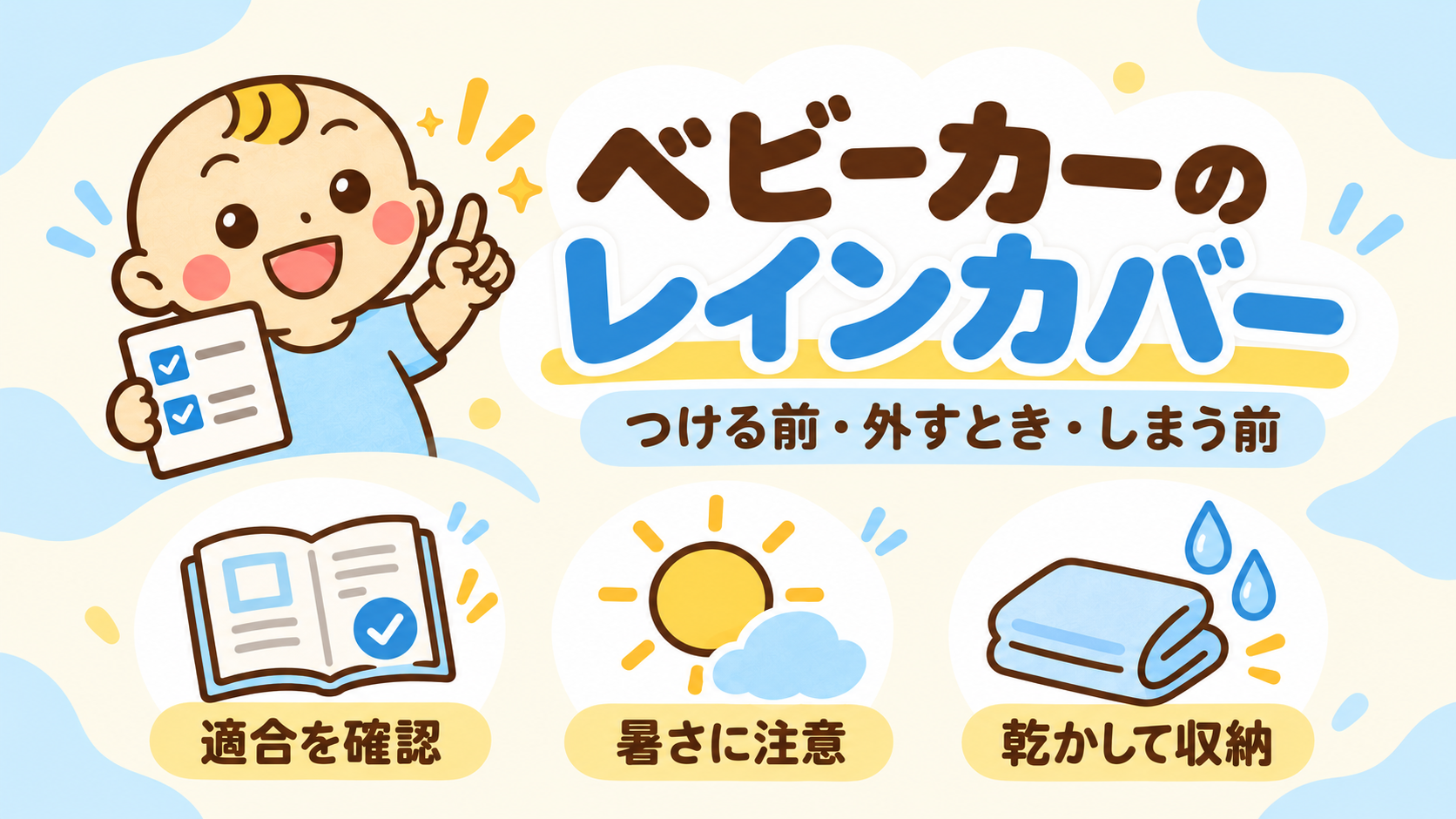 ベビーカーのレインカバーをつける前・外すとき・しまう前に、適合確認・暑さへの注意・乾燥収納を確認するベビすけの案内